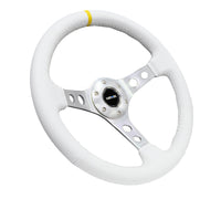 NRG Reinforced Steering Wheel (350mm / 3in. Deep) White Leather w/Silver Spoke & Single Yellow Mark