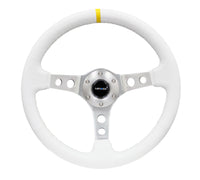 NRG Reinforced Steering Wheel (350mm / 3in. Deep) White Leather w/Silver Spoke & Single Yellow Mark