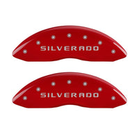 MGP Front set 2 Caliper Covers Engraved Front Silverado Red finish silver ch