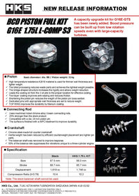 HKS BCD Piston Kit G16E 1.75L L-Comp S3 D88