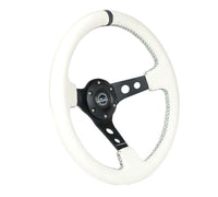 NRG Reinforced Steering Wheel (350mm/3in. Deep) White Leather w/Blk Spoke/Round Holes/White Stripes