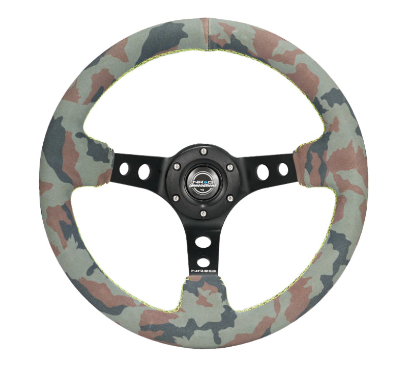 NRG Reinforced Steering Wheel (350mm / 3in. Deep) Camo Suede Mark w/ Neon Grn stitching & Blk Spoke