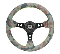 NRG Reinforced Steering Wheel (350mm / 3in. Deep) Camo Suede Mark w/ Neon Grn stitching & Blk Spoke