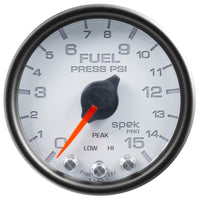 Autometer Spek-Pro Gauge Fuel Press 2 1/16in 15psi Stepper Motor W/Peak & Warn Wht/Blk