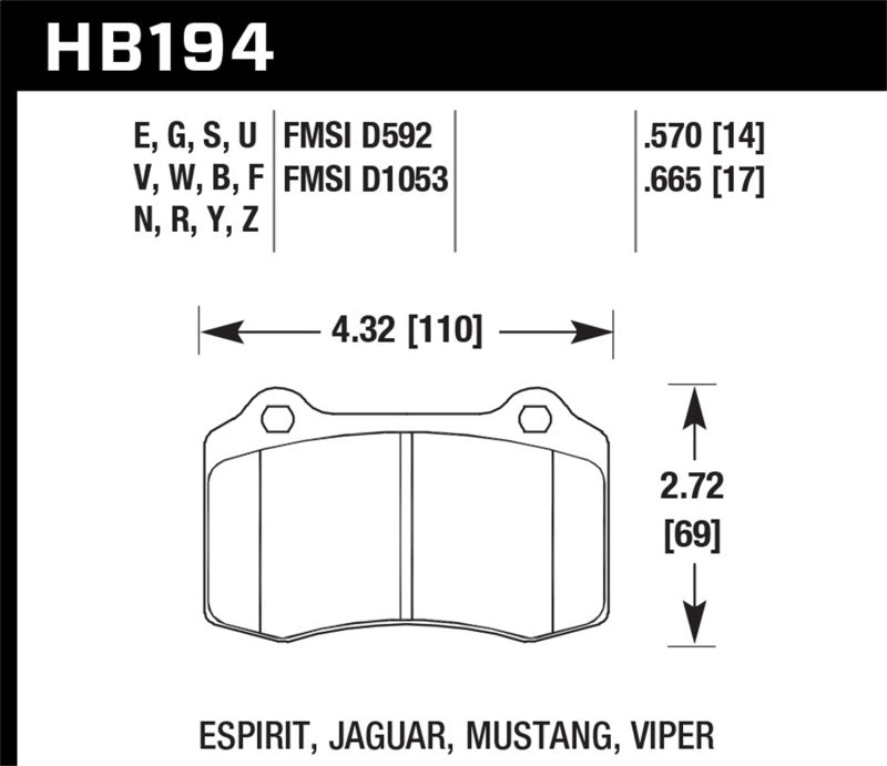 Hawk 00-02 Dodge Viper 8.0L ACR OE Inc. Clips Pins Front ER-1 Brake Pads