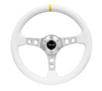 NRG Reinforced Steering Wheel (350mm / 3in. Deep) White Leather w/Silver Spoke & Single Yellow Mark