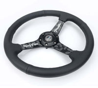 NRG Reinforced Black Perforated Leather Steering Wheel 350mm / 1.5in Deep w/ Goal Digger Blk Stitch