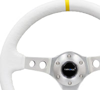 NRG Reinforced Steering Wheel (350mm / 3in. Deep) White Leather w/Silver Spoke & Single Yellow Mark