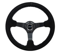 NRG Reinforced Steering Wheel (350mm / 3in. Deep) Blk Suede/Silver BBall Stitch w/5mm Mt. Blk Spokes
