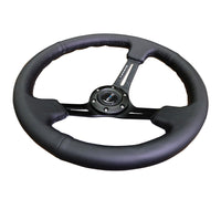 NRG Reinforced Steering Wheel (350mm / 3in. Deep) Blk Leather/Red Stitch w/Neochrome Slits