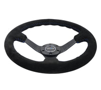 NRG Reinforced Steering Wheel (350mm / 3in. Deep) Blk Suede/Blue BBall Stitch w/5mm Matte Blk Spokes