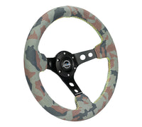 NRG Reinforced Steering Wheel (350mm / 3in. Deep) Camo Suede Mark w/ Neon Grn stitching & Blk Spoke