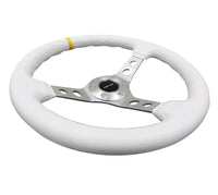 NRG Reinforced Steering Wheel (350mm / 3in. Deep) White Leather w/Silver Spoke & Single Yellow Mark
