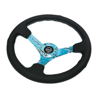 NRG Reinforced Suede Steering Wheel (350mm / 3in. Deep) Hydro Dipped Blossom Floral w/ Teal Stitch