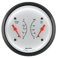 AutoMeter Gauge Dual Fuel & Oilp 3-3/8in. 0 Ohm(e) to 90 Ohm(f)& 100PSI Elec Arctic White